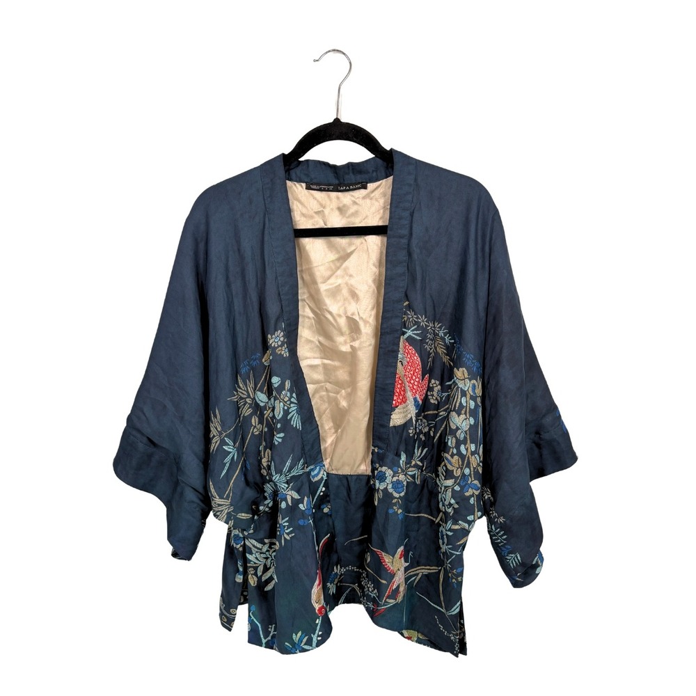 ZAPA Basic Navy Blue Bird Floral Print Kimono Jacket Open Front Lined Small